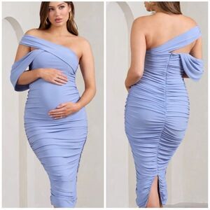 Club L CICI POWDER BLUE ASYMMETRIC RUCHED MATERNITY MIDI DRESS size 4 S bodycon